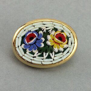 Micro Mosaic Flower Brooch Pin Oval White Goldtone Metal Round Floral Italy